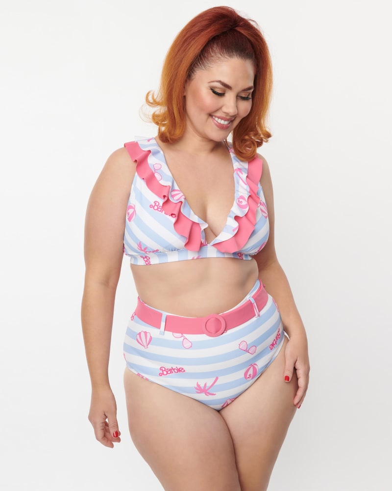 Barbie x Unique Vintage Malibu Beach Print Ruffle Swim Top White Bl